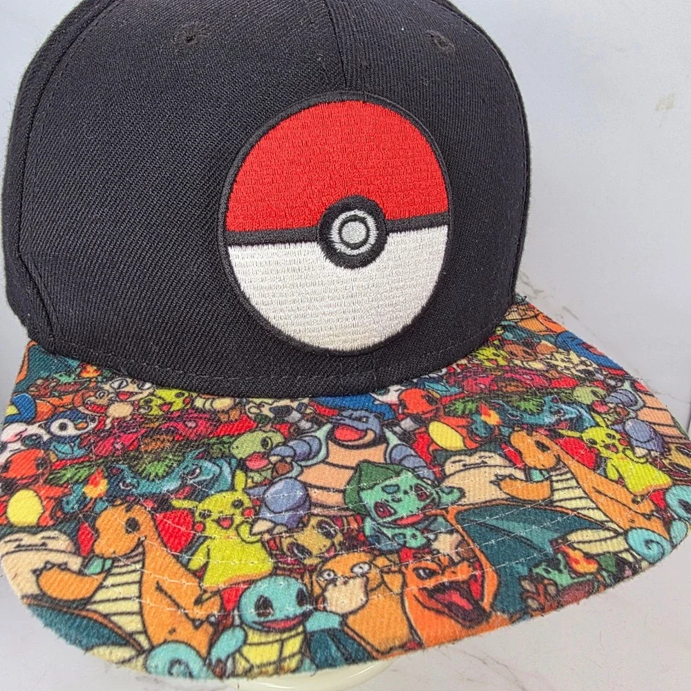 Pokemon Snapback Hat Black Multi Character Print Pokeball Patch‎ Cap
